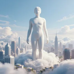 massive large human figure in center of psychdelic city tranquil dreamworld in the clouds, surrealist and abstract digital art trending on artstation by artist Rob Gonsalves and Mark Riddick supreme peace immense knowledge black neon yellow bright blue electric lime gold dmt art