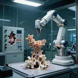 a complex thick bifurcated fractal robotic cnc surgical arm cybernetic symbiosis hybrid mri 3 d printer machine making some organic ceramic fractal forms in a glass living room laboratory room with control panels, broken open hive mind, knobs, camera lens orbs, dramatic 3 point lighting, film still from sci fi movie,