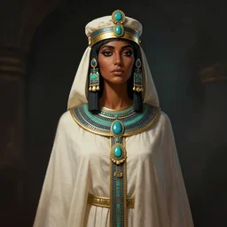 woman sumerian dark tan skin, priestess, cleric robes, turquoise jewelry, karol bak, donato giancola, digital art, ambient lighting, studio lighting,