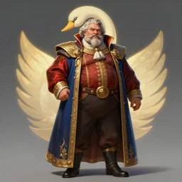 centered detailed long shot character concept of a distinguished heavy set gentleman with a salt and pepper goatee, realistic character concept, vibrant colours, elegant pose, fantasy, illustration, body proportion study, artstation, cinematic lighting, hyperdetailed, cgsociety, 8k Resolution, high resolution, Charlie Bowater, Tom Bagshaw, Tom Richmond, insanely detailed and intricate, beautiful, elegant, golden ratio, royal swan insignia in background