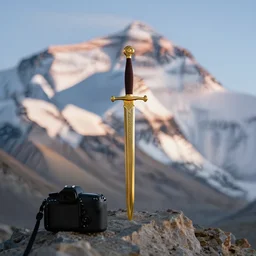 a golden sword is sitting on the peak of mount everest, clear focus, bokeh effect, high res, hasselblad, dslr, 4 k, 8 k, 1 6 k, cinematic