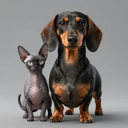 Hybrid of a dachshund and a peterbald cat, beautiful, sharp focus, ultra detailed, cgsociety, zbrush, octane render, hyper realistic, 8K