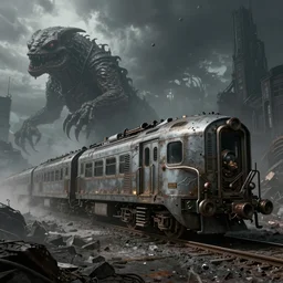 the freak train, science fiction digital art, highly detailed, post apocalyptic, dark and grim, overwhelming, by joe petagno, by h. r. giger, by rodney matthews