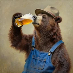 a bear drinking a beer with a hat on and Overalls oil painting