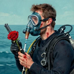 diver man wearing oxygen mask, has blood, rose, a pistol and a syringe needle with sea background intricate details with horror side profile by Sandra Chevrier
