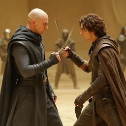 a dagger-fight between bald_ominous_brooding_Austin_Butler_as_Feyd-Rautha_Harkonnen against Timothee_Chalamet_as_Paul_Atreides, in an arena fight-pit in movie Dune-2021, golden ratio, clear gaze, detailed eyes
