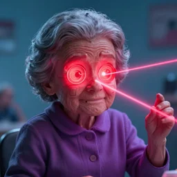 johnny 5 eyes glow red, shooting lazers into grandma