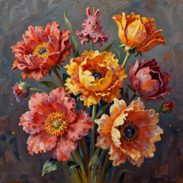 hyper detailed 3d octane render illustration like a Oil painting - a vivid crazy flower bouquet, long petals, huge blossoms, by Jacek Yerka, Mariusz Lewandowski, Marious generative render, long brush strokes, Masterpiece, Edward Hopper and James Gilleard, Mark Ryden, Wolfgang Lettl, hints of Yayoi Kasuma, octane render, 8k