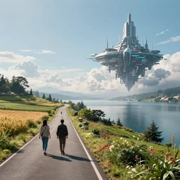 A science fiction landscape, left side of frame: two people walking down a road flanked by fields, right side of frame: a lake, in the distance a floating futuristic city in the clouds, clear skies, volumetric light, hyperdetailed, artstation, cgsociety, 8k