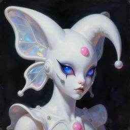 close - up view of a dark whimsical white iridescent organic butterfly jester human. angular futuristic sci - fi features and eyes. deep blue and pink tones. dark black background. highly detailed science fiction painting by moebius, frank frazetta, and syd mead. rich colors, high contrast. lens flare, y 2 k aesthetic on artstation