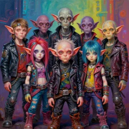 apocalyptic scifi squalor goblin characters standing together, boys and girls, professional group photo, psychedelic vibrant colors, futuristic punk rock fashion, oil painting by michael whelan art, perfect faces, sharp focus, detailed eyes, realistic, leather jackets, 8 k