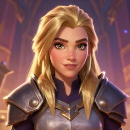 just one head, portrait, Imogen Poots Paladin, blonde hair, Arcane DOTA Blizzard pixar, maya engine on stylized background global illumination lighting, official fanart behance hd artstation by Jesper Ejsing, by RHADS and Makoto Shinkai and Lois van baarle and ilya kuvshinov and rossdraws