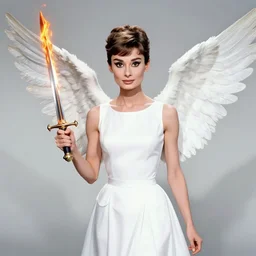 half length portrait of a winged angel with a flaming sword portrayed by audrey hepburn from breakfast at tiffany's, d & d, fantasy, luis royo, magali villeneuve, donato giancola, wlop, krenz cushart, hans zatka, klimt, alphonse mucha