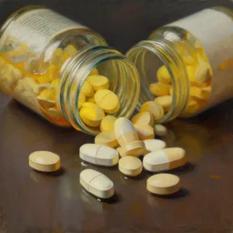 an oil painting of a tub of pills, illustration, cinematic lighting, establishing shot