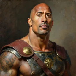Dwayne Johnson as gladiator, muscular, detailed face, correct face, painting by Gaston Bussiere, Craig Mullins