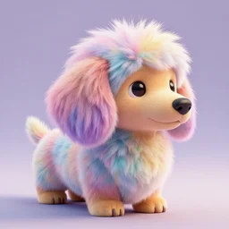 high quality 3 d render hyperrealist very cute fluffy smooth dachshund plush mascot, long spiky fluffy hair, photo from the side, multi pastel colors, vray, smooth background, artstation, ultra detailed