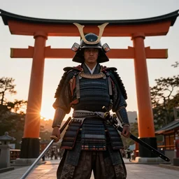 a godlike and indomitable helmeted samurai wielding their Odachi before a large Torii gate, the very very very bright rising sun in the background. Photo realistic. Award winning
