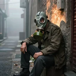 street photography of man in gas mask sitting in a foggy alley By Emmanuel Lubezki