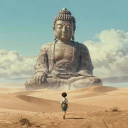 a movie still from a studio ghibli movie showing a highly detailed landscape with a giant living buddha walking through the desert. 1 9 8 0's science fiction, 1 9 7 0's science fiction, misty, depth perception, 4 k