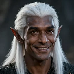 a head portrait of a dark drow elf male, medium length white hair, smooth skin, young adult, happy, pointed chin, charcoal color skin, curious, style by donato giancola, wayne reynolds, jeff easley dramatic light, high detail, cinematic lighting, artstation, dungeons and dragons