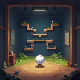 A beautiful artwork illustration, a videogame level in a small escape room with a golf ball who is a detective, featured on artstation, wide angle, horizontal orientation