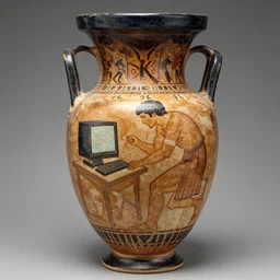 photo of an anceint greek vase depicting a man playing games on his computer with his back hunched, 4 k, award winning photograph, ancient greek vase, museum photograph, highly detailed