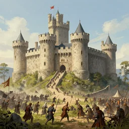 A fascinating and detailed description of a medieval castle under siege, by Michael Deforge and Leon Kossoff, style of optical art, chartreuse, Lawrence of Arabia featured on ArtStation, trending on ArtStation, cgsociety, trending on 500px, deviantart