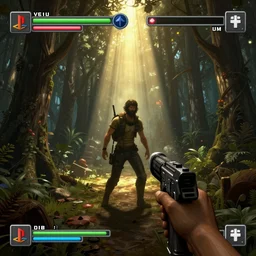 Combat in a survival horror game with UI, PS1, first-person, 2DCG, 3D environment, by Hieronymous Bosch