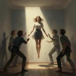 concept art, a girl floating in the middle of the room in the light, shadows trying to grab her, realistic shaded lighting poster by ilya kuvshinov, magali villeneuve, artgerm, jeremy lipkin and michael garmash and rob rey
