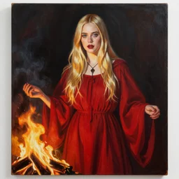 a striking hyper real painting of Elle Fanning in a red cultist robe, fire lit, by Craig Mullins