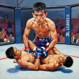 greg manchess portrait of a filipino mma fighter defeated on the ground in an arena battle, organic painting, sunny day, matte painting, bold shapes, hard edges, street art, trending on artstation, by huang guangjian, gil elvgren, ruan jia, randy vargas, greg rutkowski