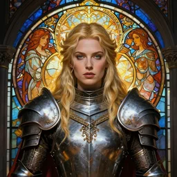 masterpiece head-on symmetrical centered painted portrait, Imogen Poots as a paladin, Warcraft theme, blonde hair, glorious, wearing full metal armour, glowing stained glass backdrop, elegant, in the style of Ruan Jia and Artgerm and Edgar Maxence and Ross Tran and Alphonse Mucha and Ayami Kojima and Charlie Bowater and Greg Rutkowski and Karol Bak and Jean Delville, Art Nouveau, Pre-Raphaelite, Neo-Gothic, gothic, Art Nouveau, rich deep moody colors, 8k, specular highlights, octane render