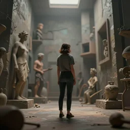 photo back into the chamber turning a woman standing in the middle, volumetric lighting, medium shot, ground angle, uhd 8 k, shallow depth of field, concept art by cedric peyravernay maciej kuciara, cgsociety, trending in artstation, neo - figurative, unreal engine, octane render