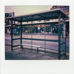 a bus stop inside a casino, ol polaroid, surreal, expired film, liminal space, - n 9