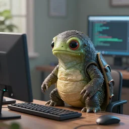 A tardigrade programming in front of the computer, hiperrealistic, highly detailed