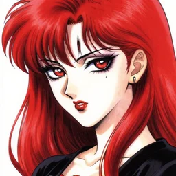 highly detailed professional portrait of 9 0 s seinen manga art of goth woman with red hair, black makeup, and red eyes. drawn by