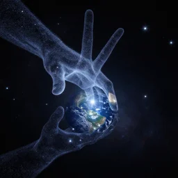 a millions of stars in the ghostly shape of a hand reaches towards planet earth, high detail, space, nasa