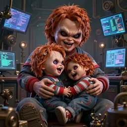 giant evil, malevolent, chucky dolls screaming snuggling, surrounded by computer screens. steampunk. this 4 k hd image is trending on artstation, featured on behance, well - rendered, extra crisp, features intricate detail and the style of unreal engine. volumetric lighting octane render