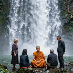 dang ngo, annie leibovitz, steve mccurry, a simply breathtaking shot of mediating monk at one giant waterfall, wide shot, symmetrical