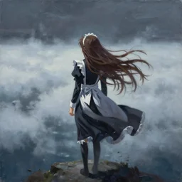 anime key visual environment concept art of of wanderer above the sea of fog 1 8 1 8 with anime maid with long flowing brown hair, grimdark fantasy, acrylic painting, trending on pixiv fanbox, palette knife and brush strokes, oil on canvas, style of makoto shinkai jamie wyeth james gilleard edward hopper greg rutkowski studio ghibli genshin impact