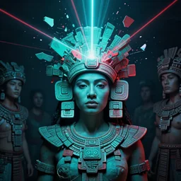 a portrait of a mayan quetzalcoatl goddess with a lazer shining into the top of her head, pieces expanding from impact aquamarine and red, by android jones, by ben ridgeway, by ross draws, by Noah Bradley, by Maciej Kuciara