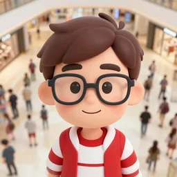 cartoon of male with brown hair, glasses, red and white striped clothing in a crowd at the mall, zoomed out highly aerial shot