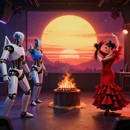 cyberpunk birthday party with robots, androids and flamenco guitarist watching mars sunset hyperrealistic highly detailed