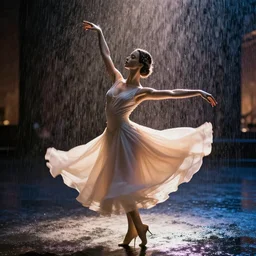 portrait of mannequin dancing in the rain, cinematic light and reflections, beautiful dreamy lighting,