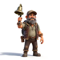 rugged town crier with bell, stylized pixar-style 3d render, full body, standing, isolated on a pure white background, centered, whole figure in frame, sharp focus, studio lighting