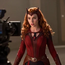 a young demi moore playing scarlet witch in a marvel movie, movie still, cinematic lightinf, epic camera angle, film grain
