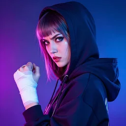 tomboy gorgeous cyberpunk goddess in hoodie with bandage on her hand, side portrait, vi, angry, striking, defiant, spotlight, vibrant colors, beautiful eyes, by marco paludet and gianni strino and marion bolognesi