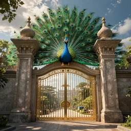 The gate to the eternal kingdom of peafowls, fantasy, digital art, HD, detailed.