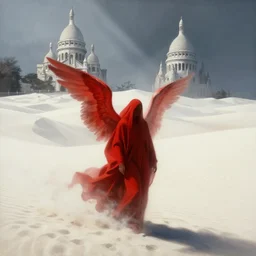 one lone singular swirling otherworldly angelic figure shrouded in red robes emerges from extensive barren white dune scape, matte painting by peter mohrbacher and filip hodas, distant basilica sacre coeur by hugh ferriss, godrays, high contrast, highly detailed, a