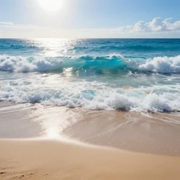 beautiful crystal water sea with big waves, big sandy beach in the foreground, sun in the sky, hyperdetailed, artstation, cgsocitety, 8 k